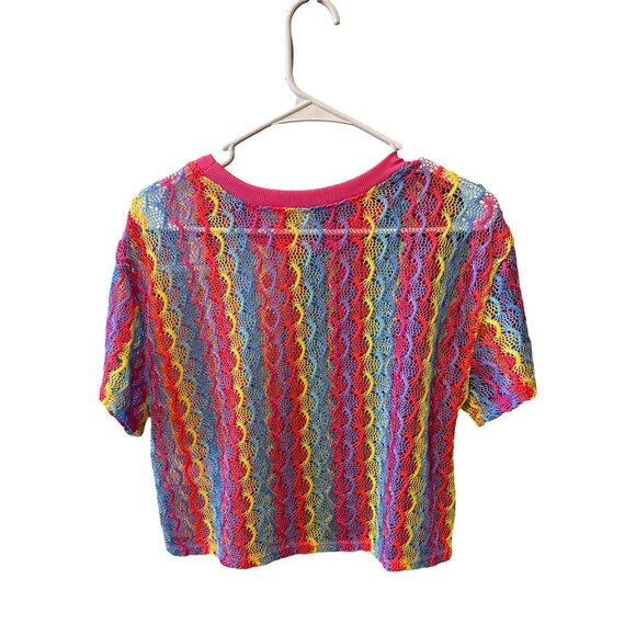 Rainbow Crochet Striped Bathing Suit Coverup Top L (11-13) No Boundaries 100% Re - Picture 3 of 5